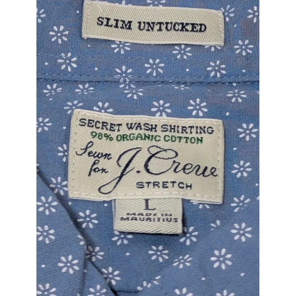 J. Crew Mens Large Slim Untucked Secret Wash Shirt Blue Floral Daisy Stretch L